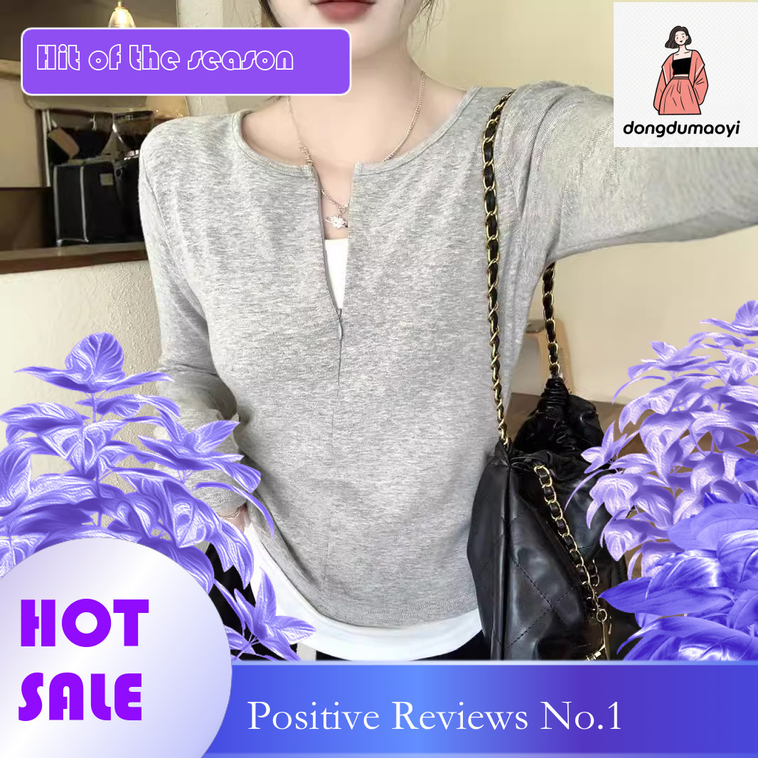 dongdumaoyi Zipper style fake two piece long sleeved T-shirt for women in the spring of 2025, slim fit and pleated inner layer bottom shirt, niche top