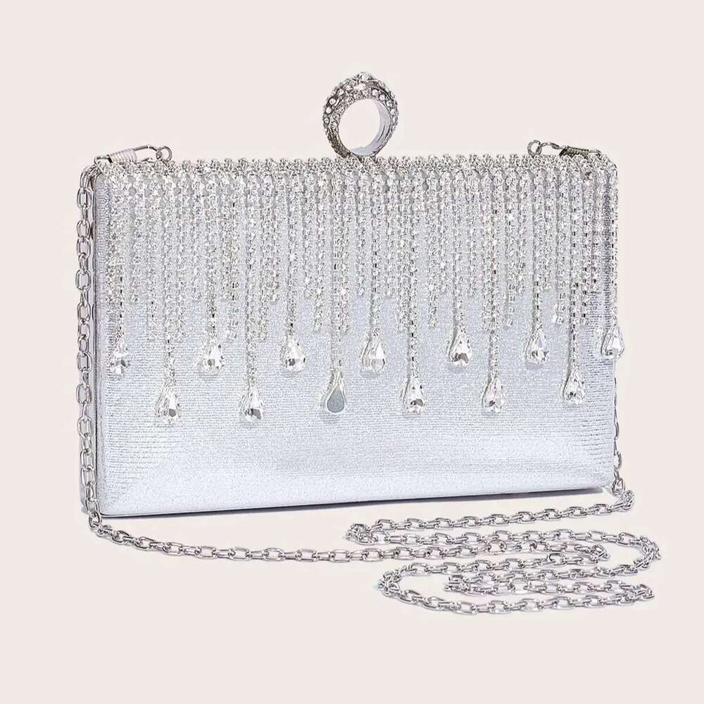Women's Evening Sier Clutch With Rhinestone Tassel Wedding Party Handbag Square Purse Elegant Shoulder Bag