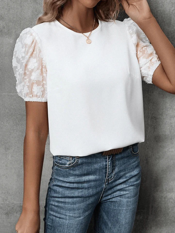 Womens casual crewneck lace shortsleeved pullover shirt 250514