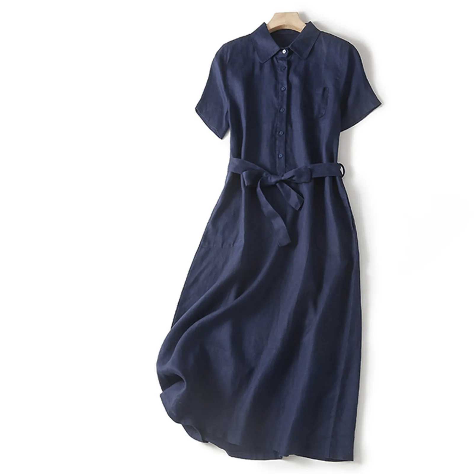 Vintage Cotton Linen Shirt Dress For Women Solid Plus Size Casual Long Dresses Ladies Slim A Line Tunic Dress Outfits For SummerXJ250514