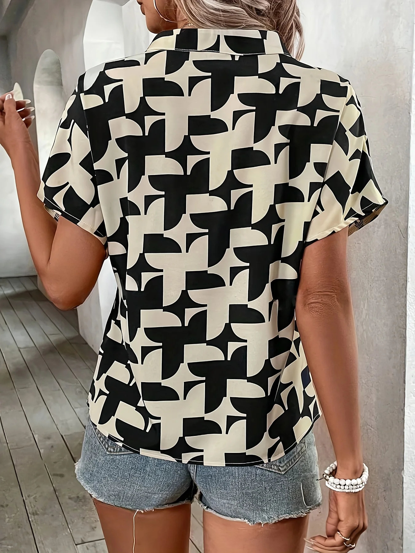 Elegant Summer Womens Print Shirt Casual Office Lady Notched V Neck Batwing Sleeve Blouses Tops 250514