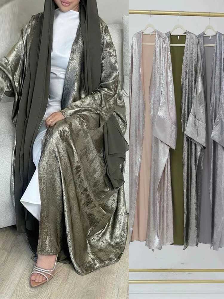 Ramadan Eid Shiny Batwing Satin Open Kimono Abaya Dubai Luxury 2024 Muslim Abayas For Women Kaftan Dress Islamic Clothing Femme X2505141