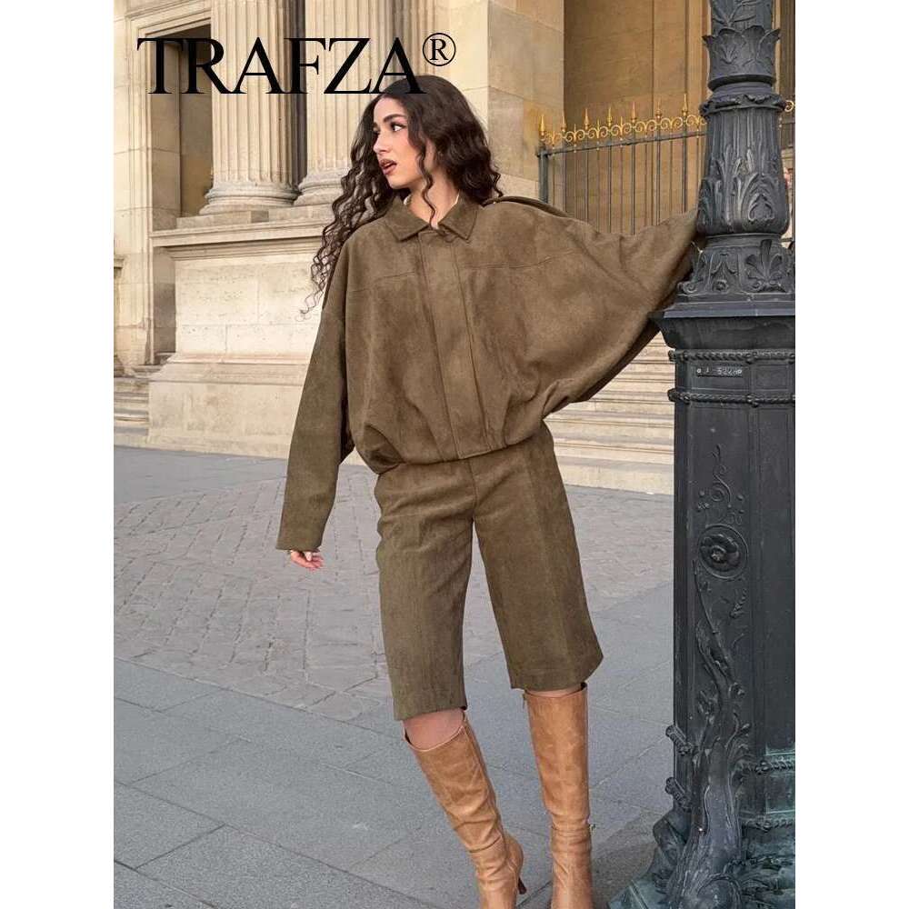 TRAFZA Fashion Women's Soft Leather Jackets Shorts Set Zipper Bomber Jacket+Summer Pocket Suede Texture Short Pants
