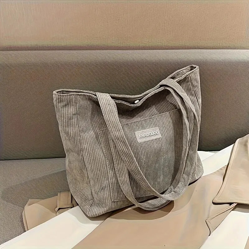 Large Capacity Shoulder Bag Trendy Corduroy Tote Solid Color Ladies Handbag With Front Pocket 250514