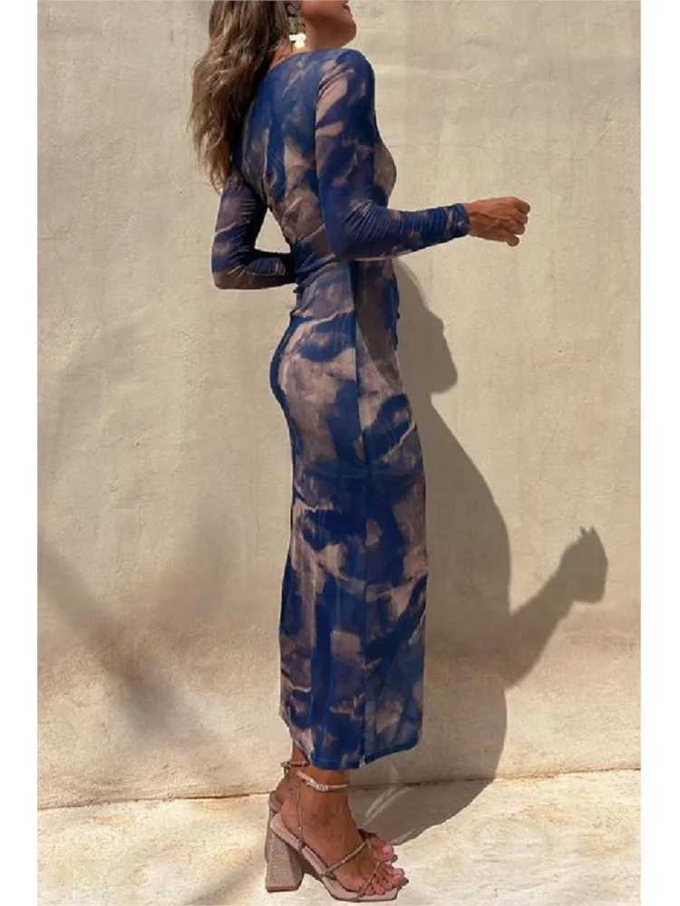 Tie Dye Printed Mesh See Through Womens Long Skirt Sexy Slim Fit Split Party Evening Dress 2024 Spring New Fashion Club VestXJ250514