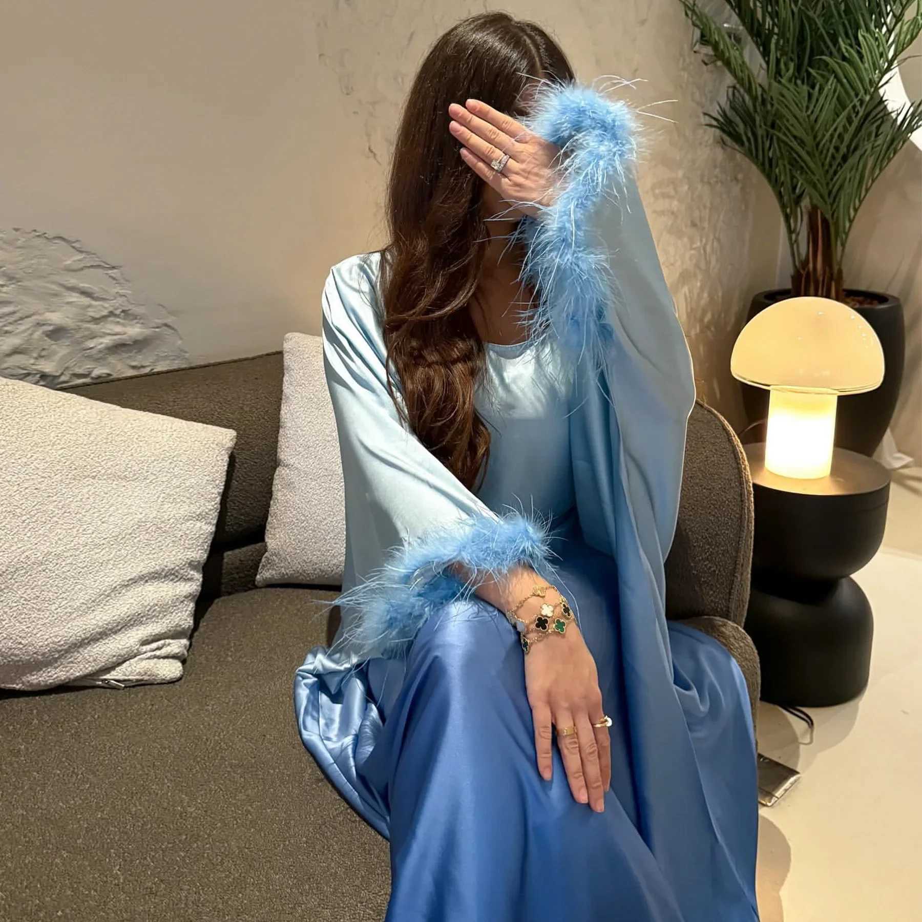 Ramadan Feather Abayas for Women Satin Modest Muslim Dress Eid Djellaba Islam Jalabiya Ka Caftan Marocain Femme Dubai Abaya X250514