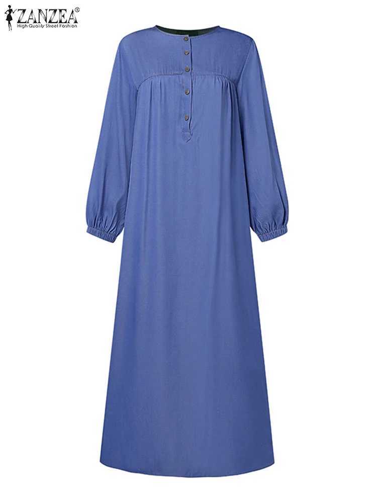 ZANZEA Denim Blue Muslim Hijab Abaya Robes Autumn 2024 Long Slve Loose Casual Islamic Maxi Dress Solid Women Kaftan Dresses X250514
