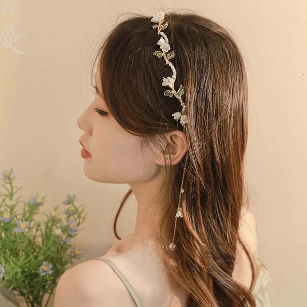 Green Leaf Lily Of The Valley Hair Hoops Hair Band Curved Pearl Tassel Headband Girls Elegant Temperament Hair Accessories 250509