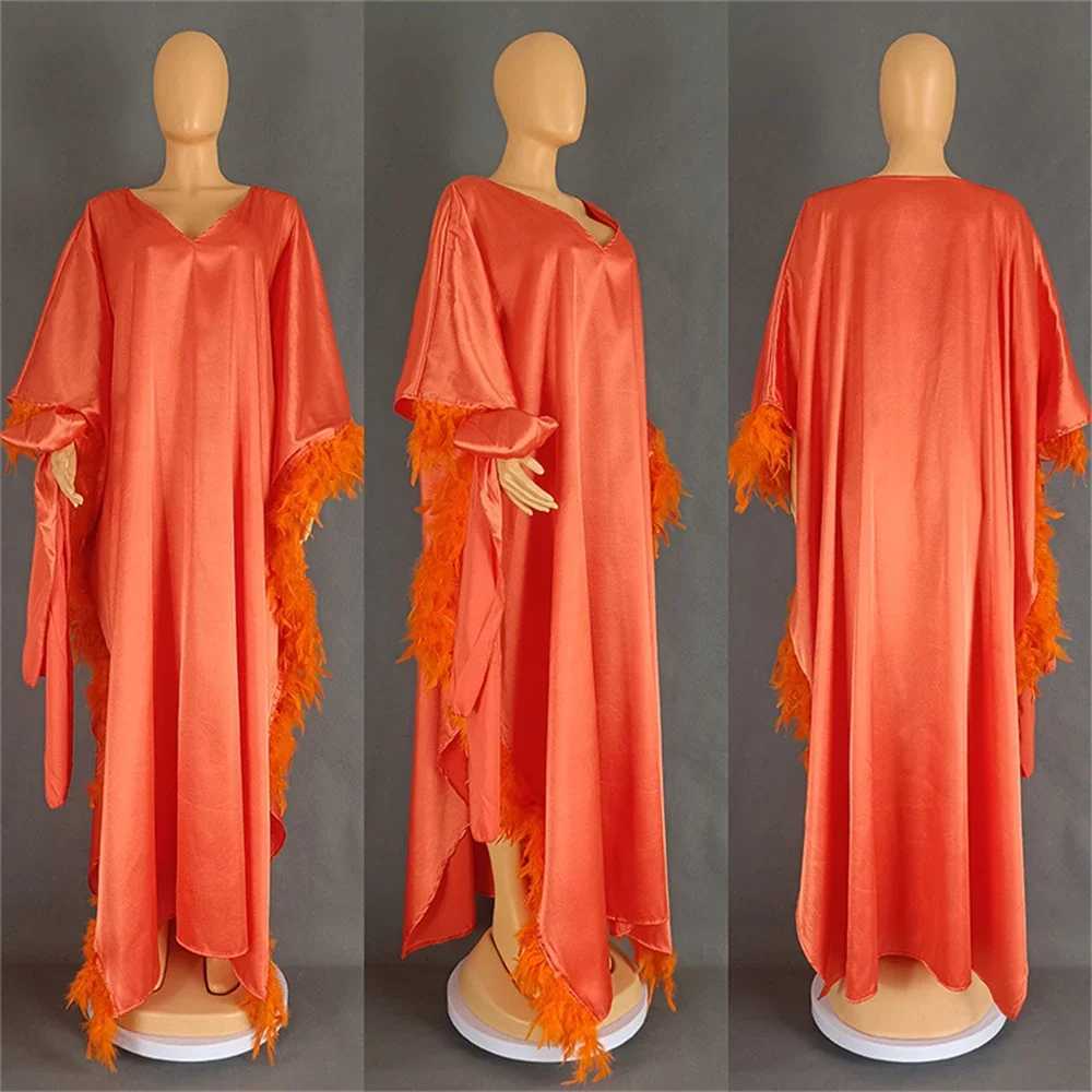Elegant African Feather Dresses for Women Muslim Bat Slve Boubou Abaya Robe Dashiki Ankara Evening Gown Kaftan Long Maxi Dress X250514