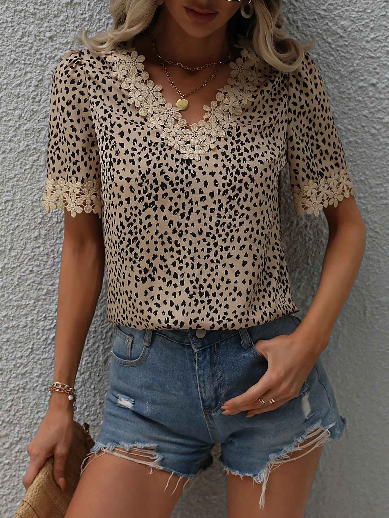 Elegant casual womens shirt Vneck short sleeve lace full body printed 250514