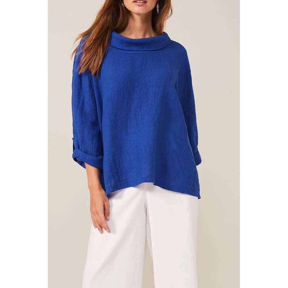 Women's Plus Size Cotton Line Shirt Asymmetric Hem Minimalist Solid Casual Vintage Long Sleeve Autumn Fashion Blouse Shirts