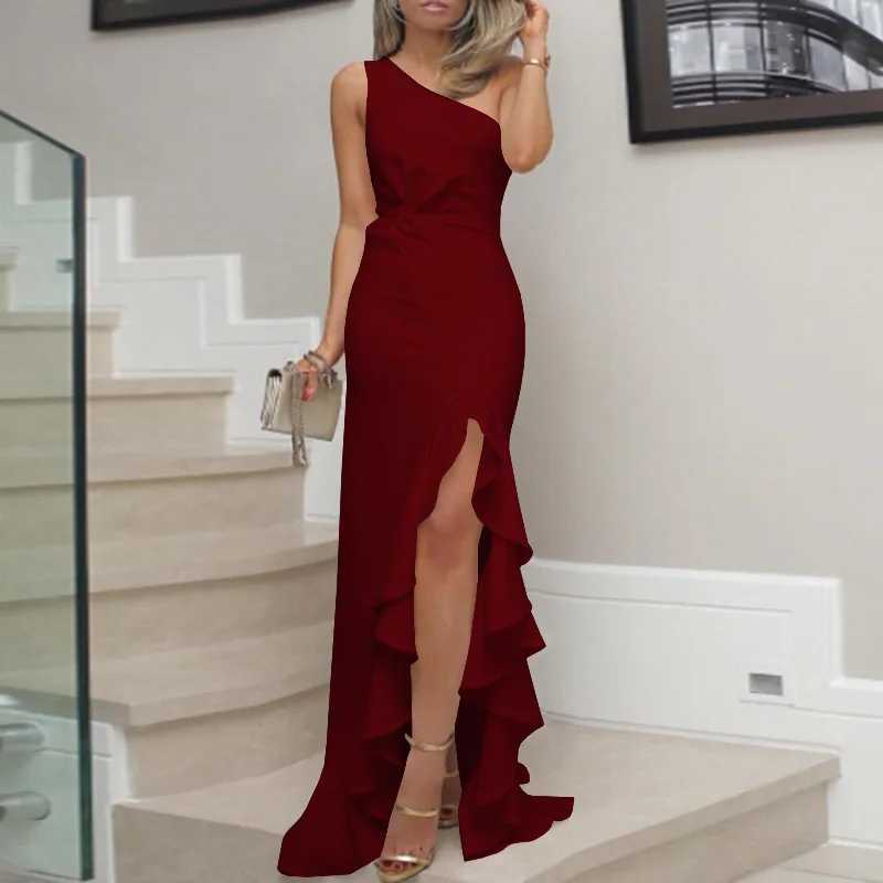 Irregular Ruffles Slit Long Party Dresses For Women Sleeveless Solid Color Elegant Lady Evening Party Prom Dress Fashion DressXJ250514