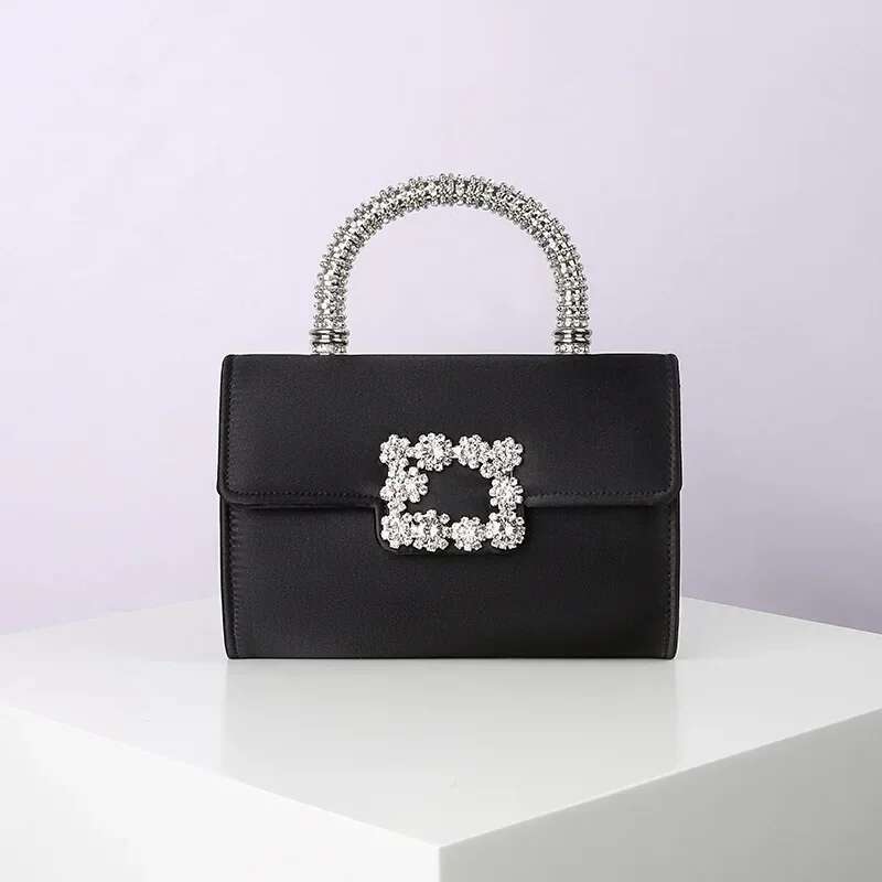 Rhinestone Faux Silk Emerald Evening Bag Sier Dia Buckle Handle Fashion Handbags Elegant Ladies Square Bolsa Feminina