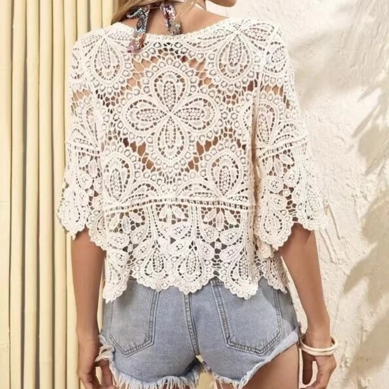 REALEFT Summer Vintage Lace Crochet Womens Blouses Half Sleeve Oneck Hollow Out Loose Shirts Short Tops for 250514