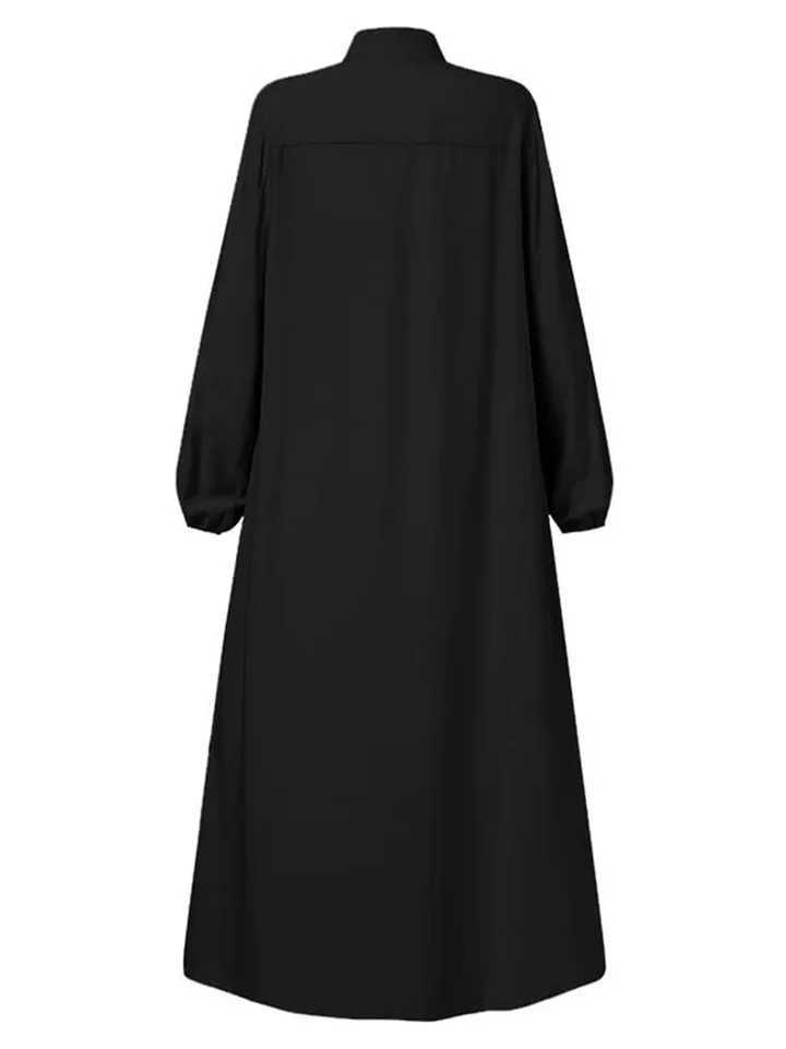 Muslim black dress with small stand-up collar and zipper pocket design elegant loose and casual long-slved skirt X250514