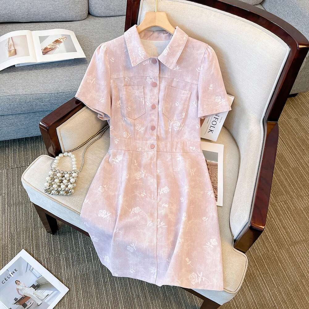 Summer Plus Size Women's Lapel Printed A-line Vintage Denim Loose Sweet Knee-length Skirt Commuter Daily big