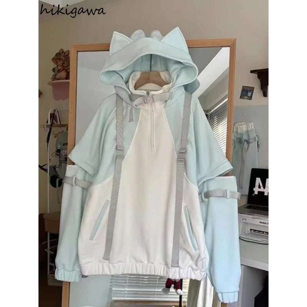 Japanese Oversized Hoodies Women 2025 Ropa Mujer Contrast Color Streetwear Chic Sweet Sweatshirts Hooded Casual Hoodie Y2k Tops Designer