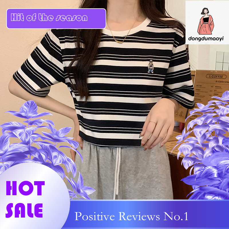 dongdumaoyi Short sleeved T-shirt 2024 summer new women's striped loose Hong Kong style embroidery design feeling slimming round neck top