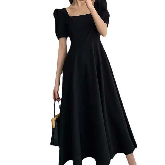 2023 New Summer Dress Womens Vintage Square Collar Tea Time Skirt Plus Size Over Knee Long Style Hepburn Trendy Black DressXJ250514