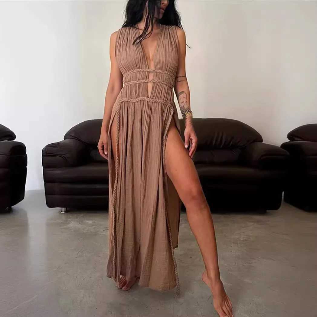 2025 Summer Bohemian Women Long Dress Linen V-neck Backless Lace Up Side Split Sexy Dresses Female Holiday Beach Clothes LadiesXJ250514