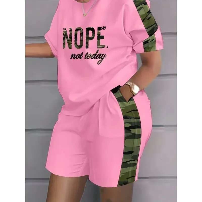 Women's Plus Size Short-sleeved T-shirt Shorts Letter Print Contrast Color Two-piece Outdoor Leisure Sports Training Suit
