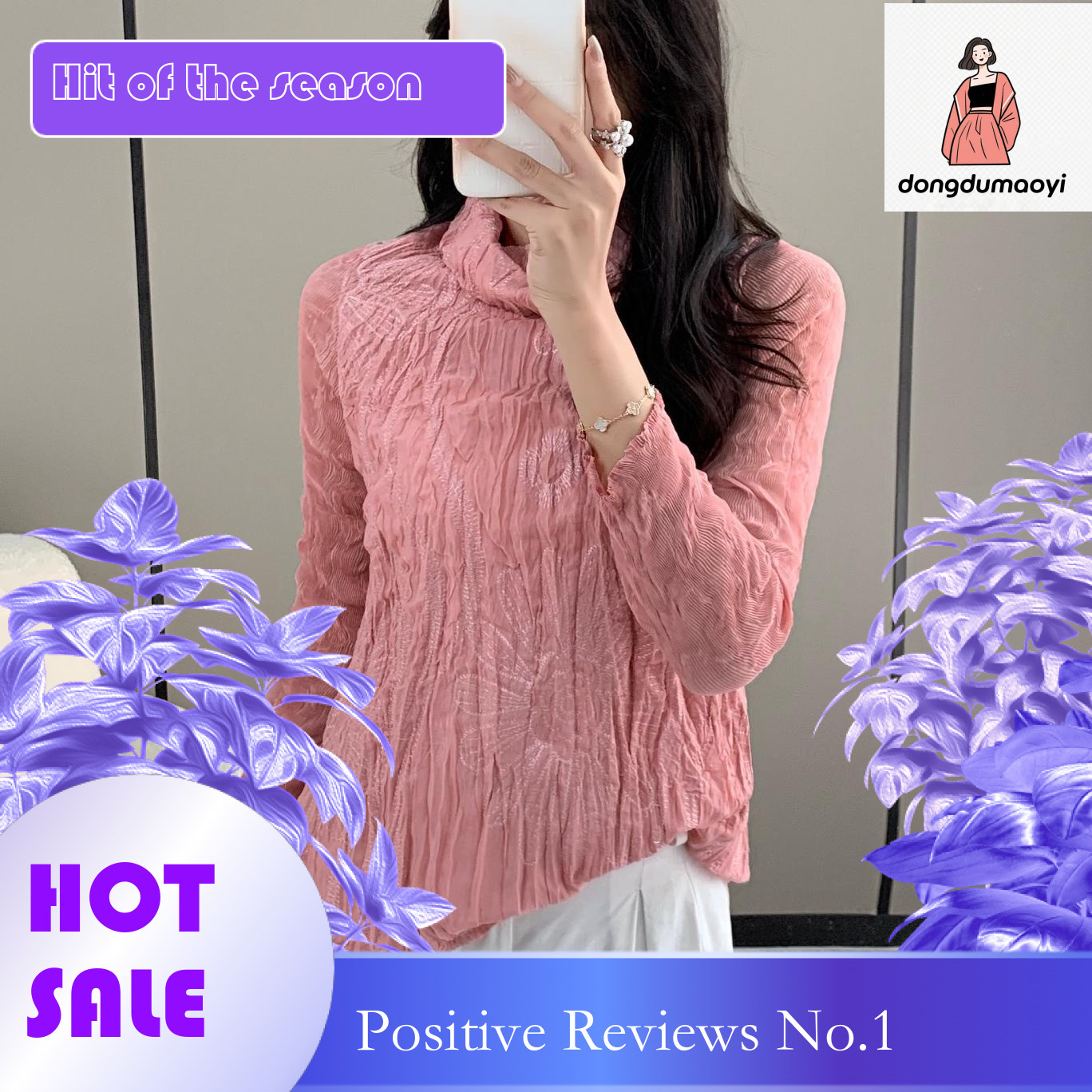 dongdumaoyi Frech high-ed embroidered base shirt, Miyake autum ad witer plus size wome's clothig, coverig the belly to show off weight, pleated T