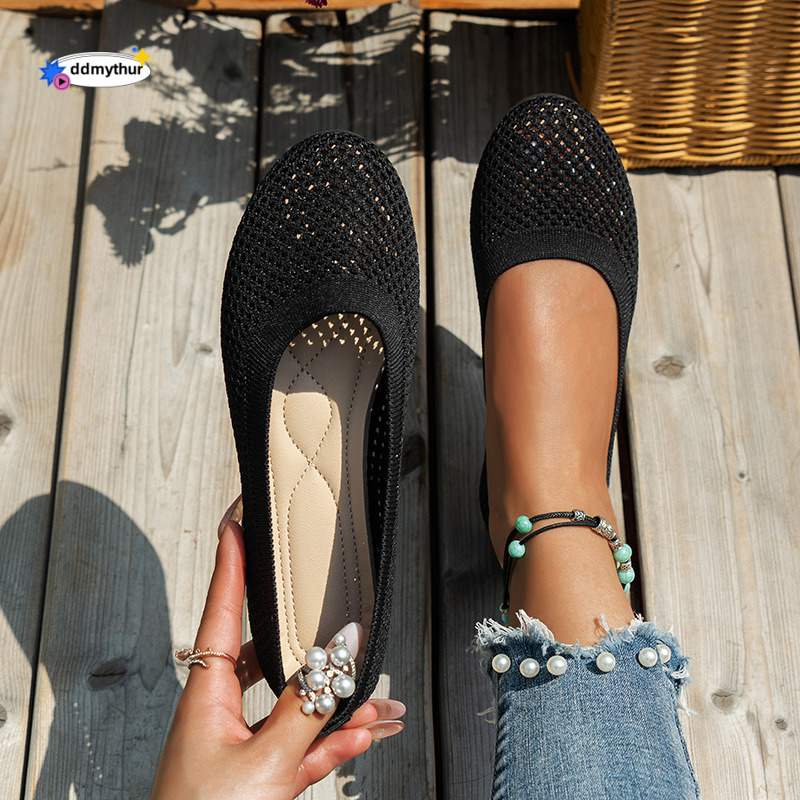 2024 Spring and Summer New Solid Color Pointed Soft soled Single Casual Breathable Women's Shoes, Hollow Knitted Shoes ddmythur