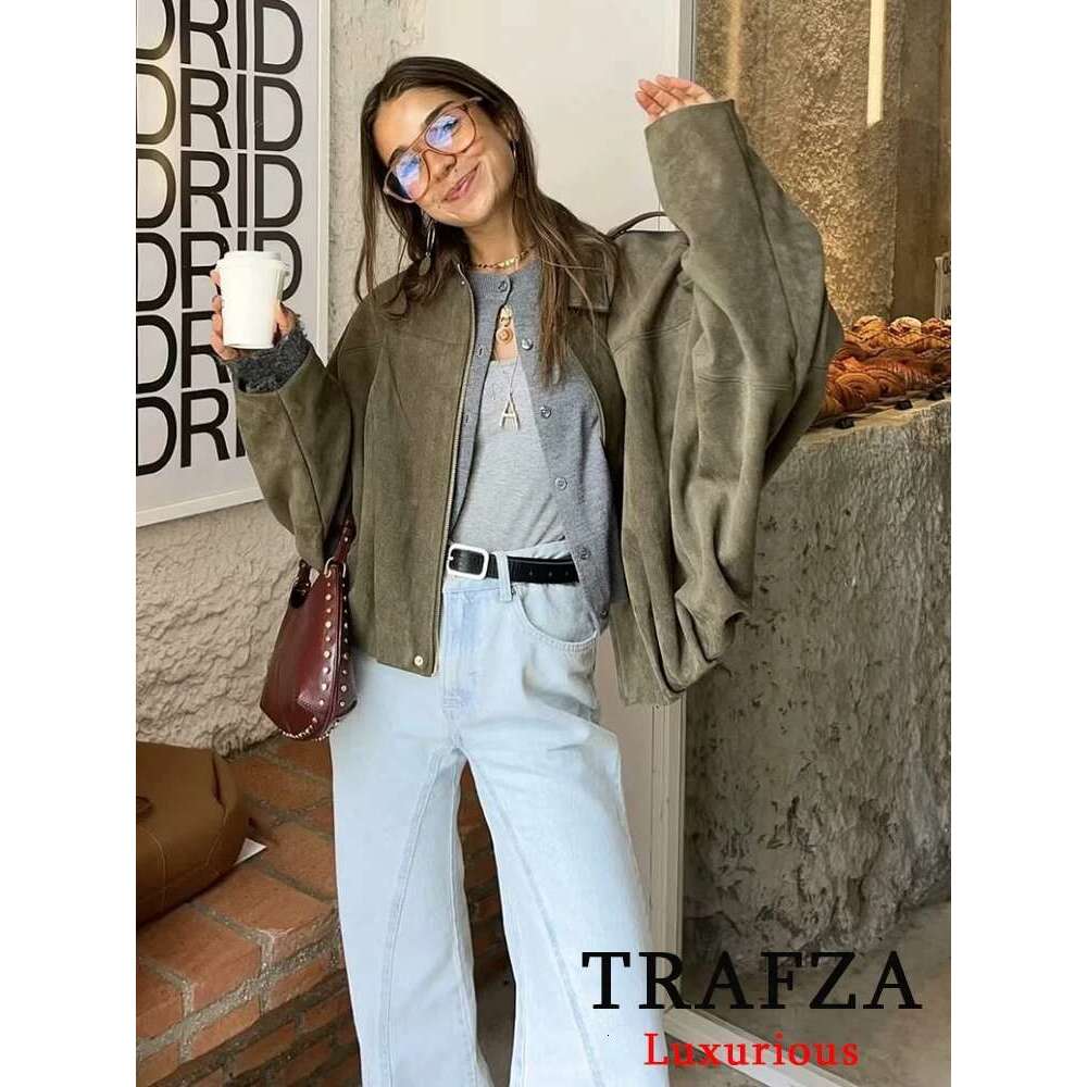 TRAFZA Casual Soft Bomber Jackets Women Long Lantern Sleeve Oversized Spring Summer Coats Fashion 2025 Streetwear Zipper Outwear Designer Designer