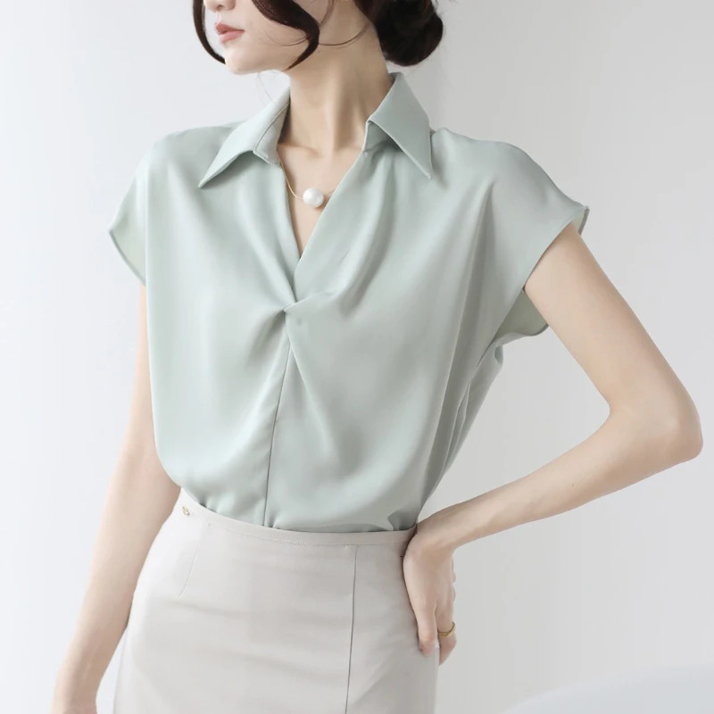 Summer Elagant Front Cross Womens Blouse Short Sleeve Vneck Korean Casual Loose Workwear Office Lady Shirts Female 250514