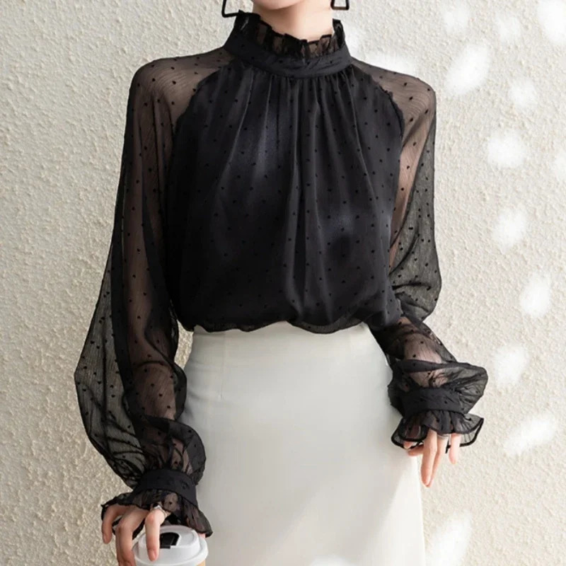Spring Summer Black Polka Dots Mesh Womens Chiffon Blouses Long Sleeve Stand Collar Vintage Loose Shirts Female 250514