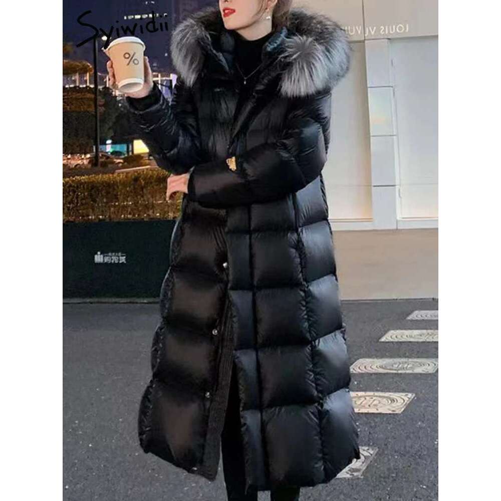 Syiwidii Black Parkas For Women Thermal Single Breasted Zipper Loose Hooded Coat Winter 2024 New Fashion Female Long Outerwear