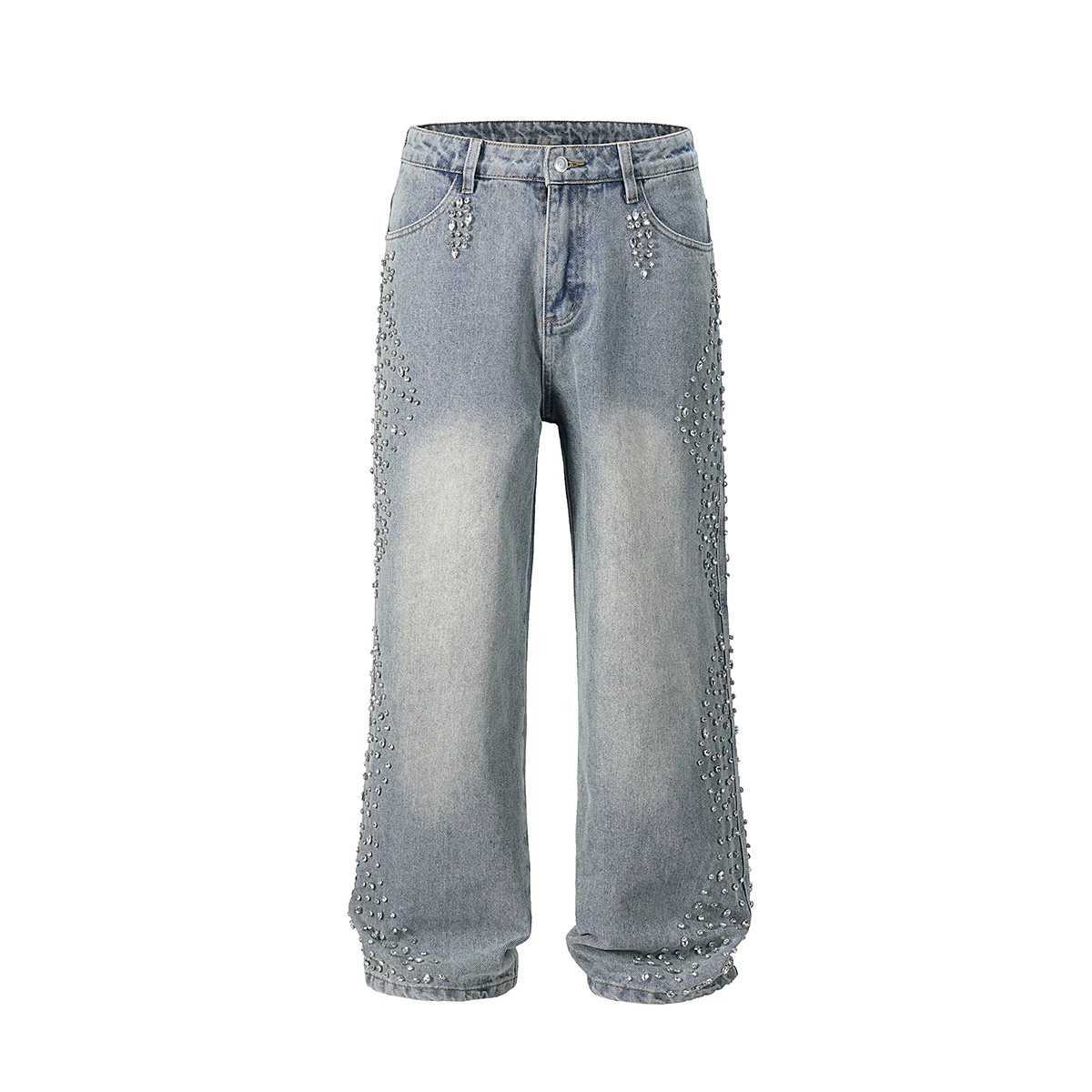 Pearl dded Diamond Jeans for Men Full Rhinestone Straight Blue Baggy Denim Trousers Hot Drill Vintage Loose Casual Cargos X250514