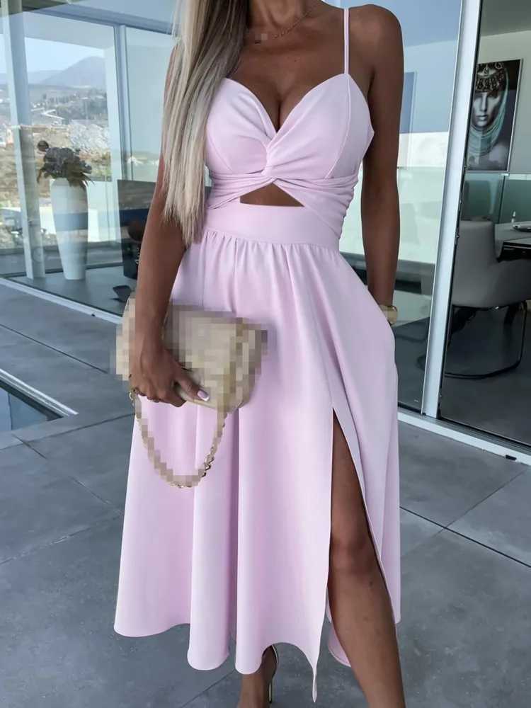 Summer Fashion Women Corset Party Elegant Strap V Neck Hollow Large Swing Split Banquet Dress Casual Sleeveless Sling DressXJ250514
