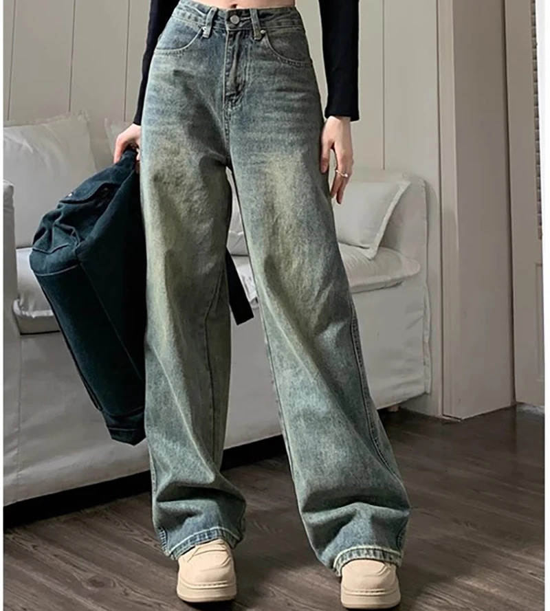 Retro Washed Vintage Jeans For Women In Autumn And Winter High Waisted Straight Leg Loose Wide Leg Pants Casual Pants 250513