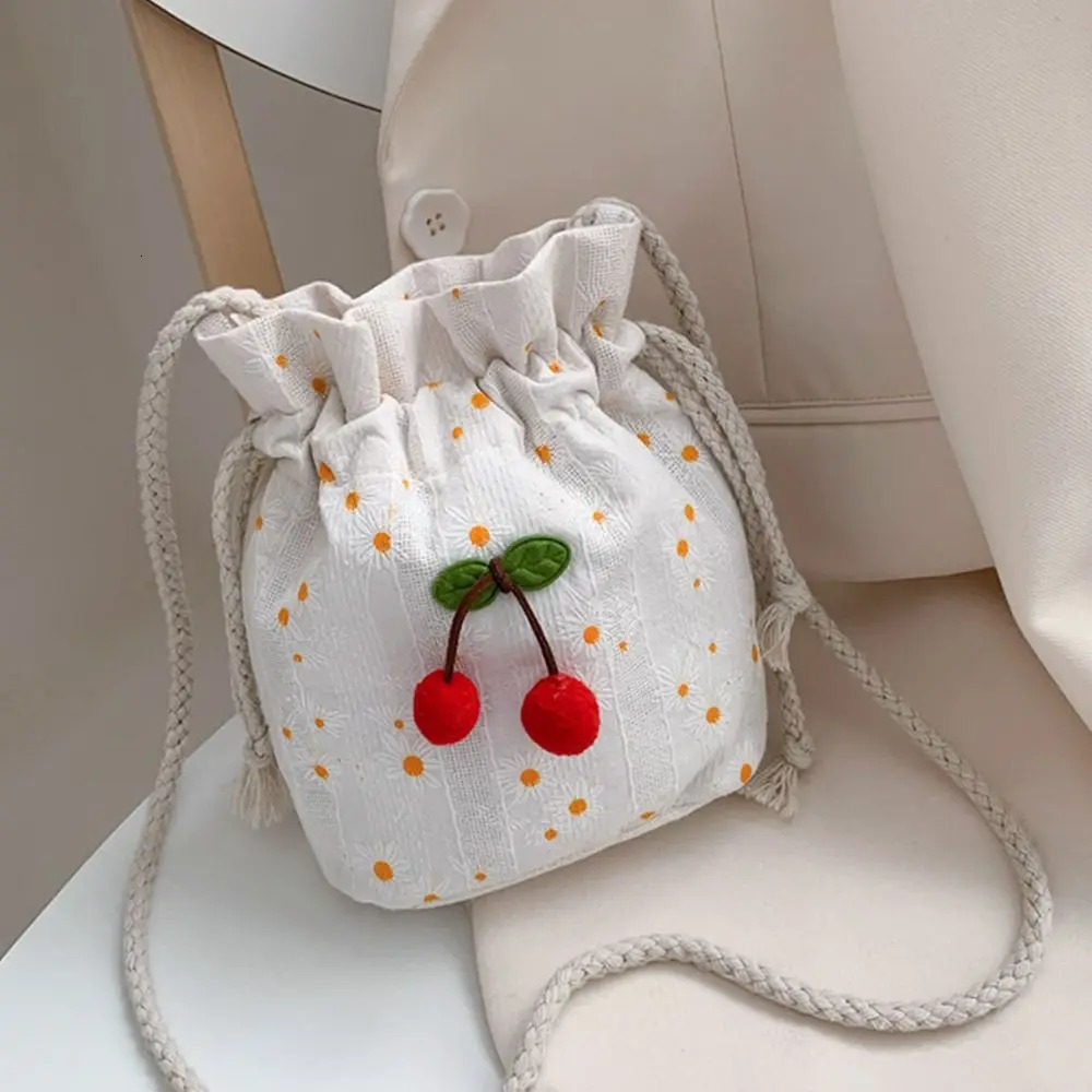 Korean Cute Canvas Cherry Bucket Bag for Women Summer Simple Casual Small Crossbody Female Fashion Shoulder Bags 250514