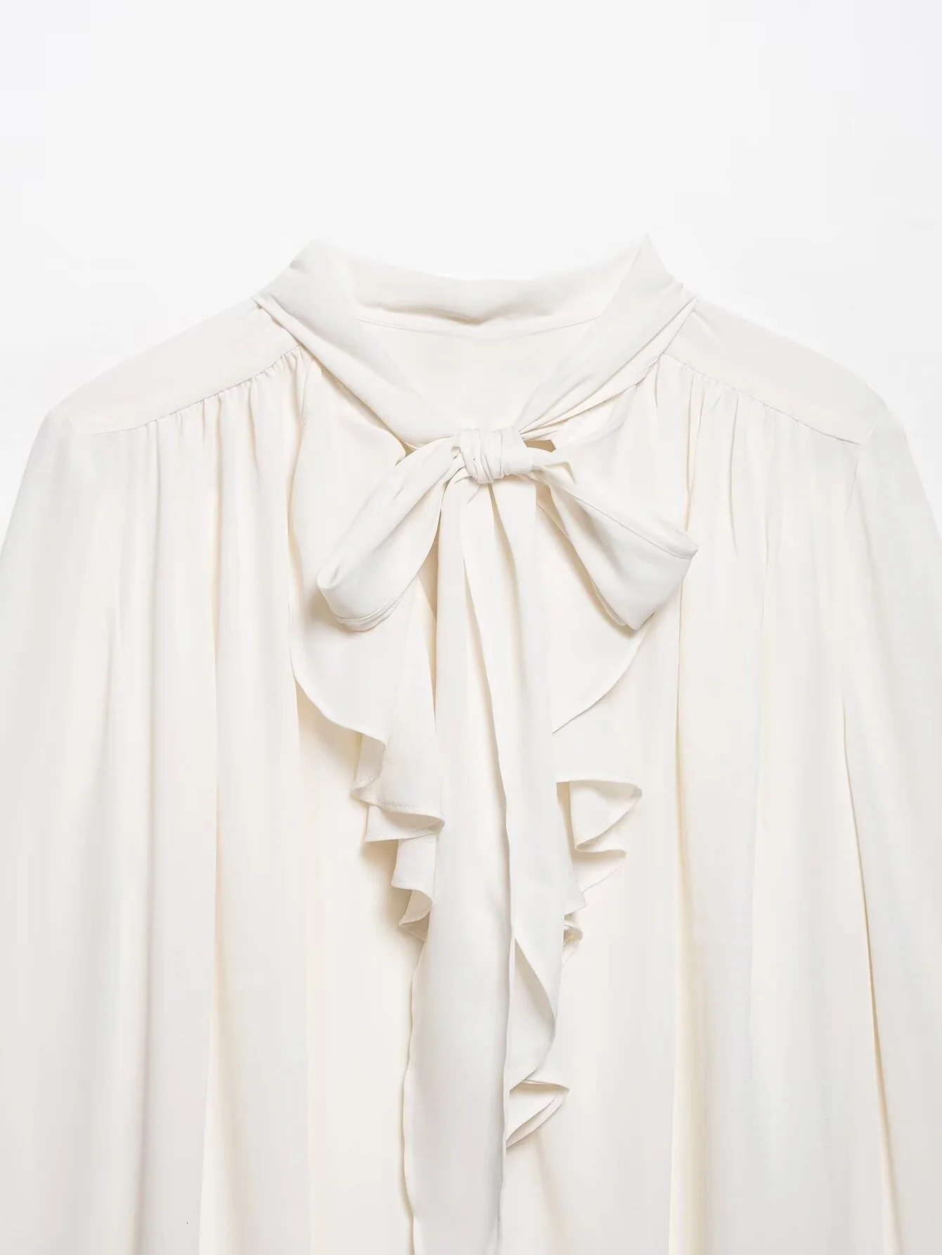 BSK TRAF Summer Womens Fashion Casual Leisure Ruffled Neckline Laceup Top Temperament Elegant Chiffon Shirt 250514