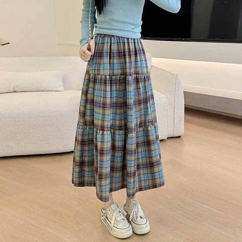 Japanese Vintage A Line Plaid Skirts Women Summer High Waist Patchwork Long Woman Midilength Umbrella Skirt Female 250514