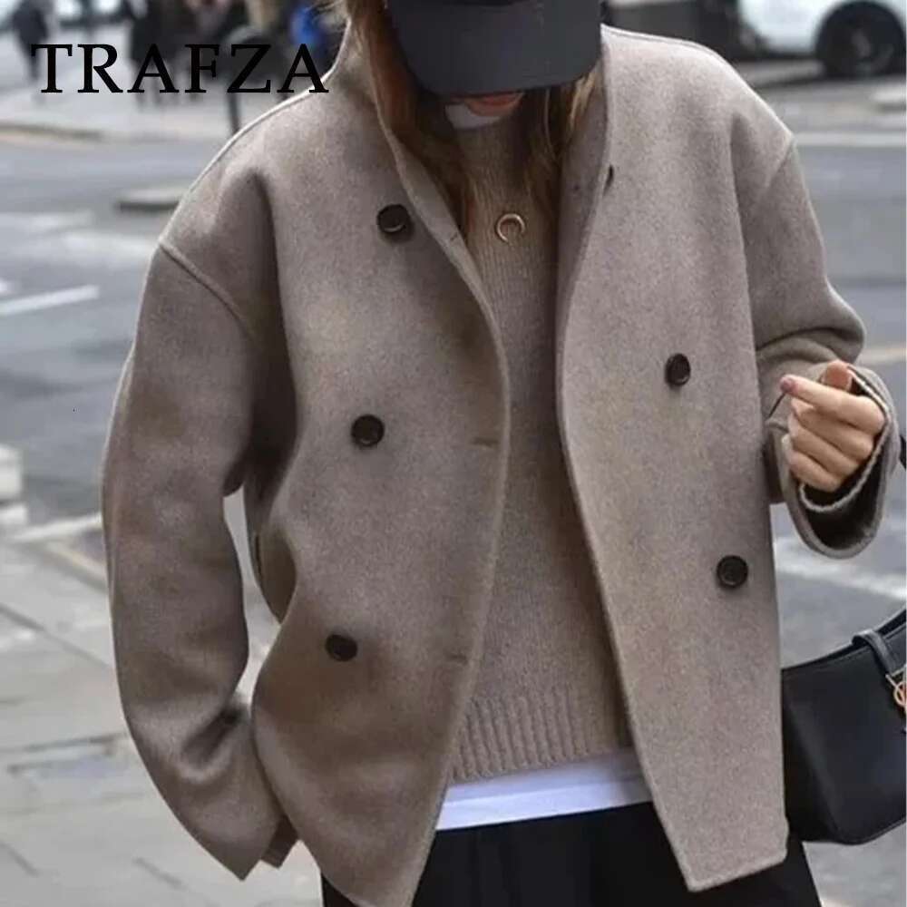 TRAFZA 2025 Autumn Winter Women Casual Solid Woolen Coat Fashion Office Lady Loose Double Breasted Turtleneck Demi-season Jacket