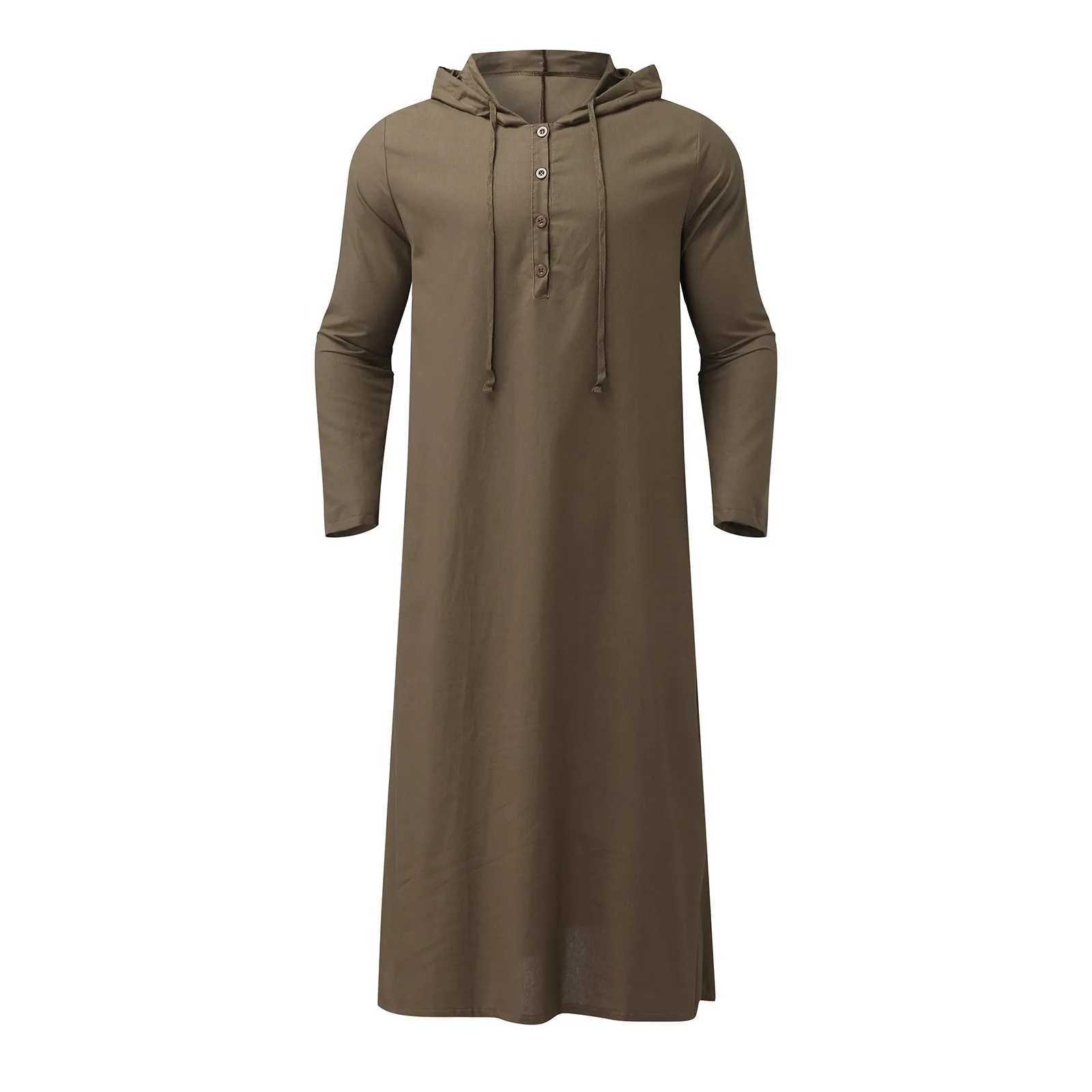 Mens Hooded Muslim Robe Button Long Sleeve Casual Jubba Thobe 2025 Ramadan Muslim Prayer Robe Arabian Islamic Clothes Djellaba X250514