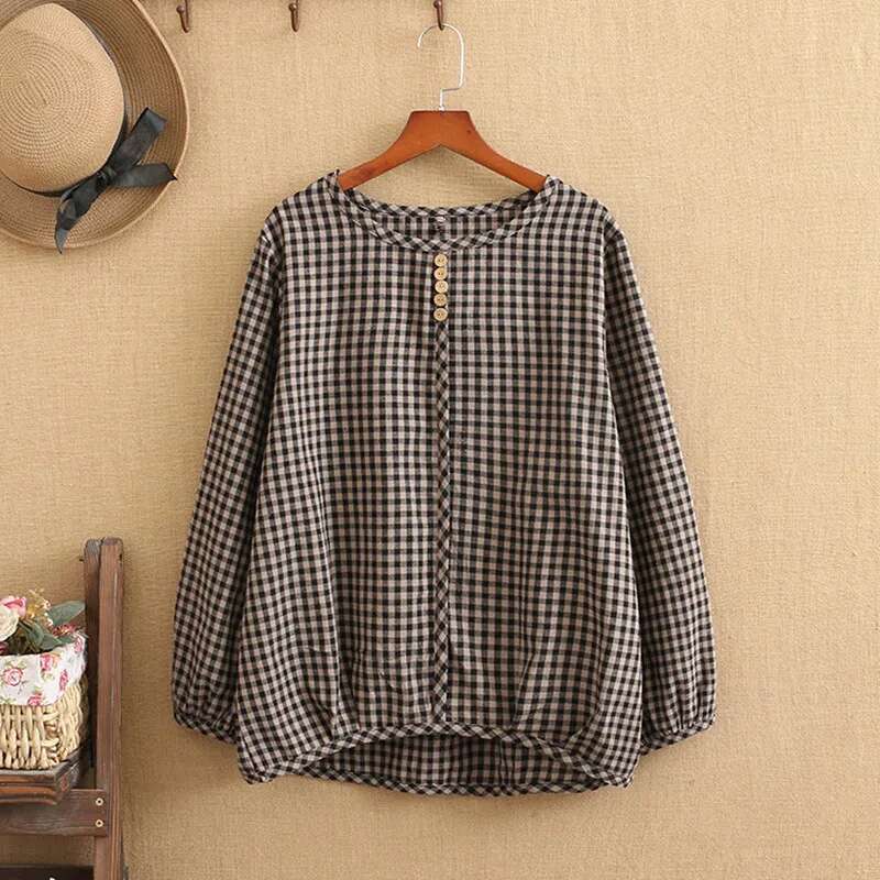 Women Plus Size Fall And Spring Clothing Trendy Round Collar Shirt Long Sleeves Checkered Pattern Widen and Fatten Large