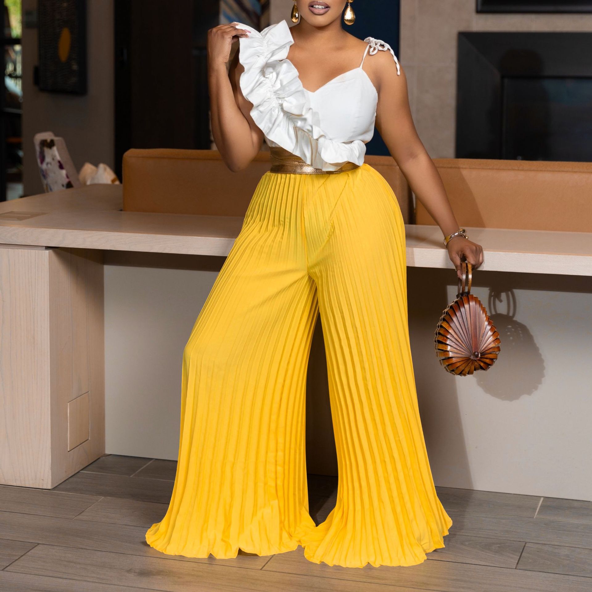 C8605 womens sexy ruffle edge sleeveless top wide leg wide leg pants fashion set