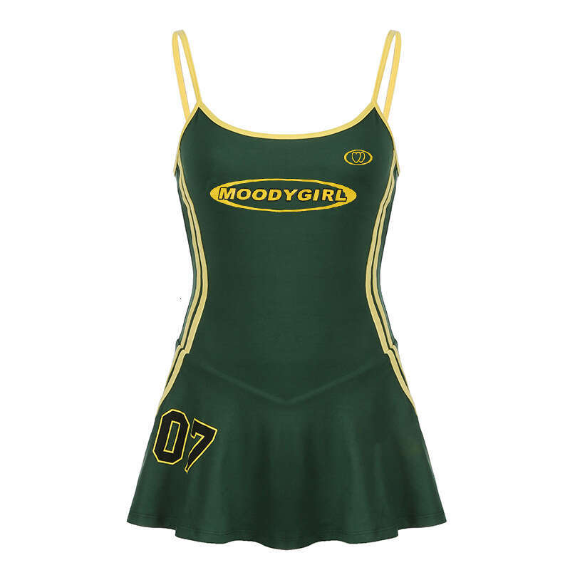American Style Sports And Leisure Camisole Dress, Summer , Digital Striped Woven Belt Contrasting Color Spicy Girl Waist A-Line Dress B5