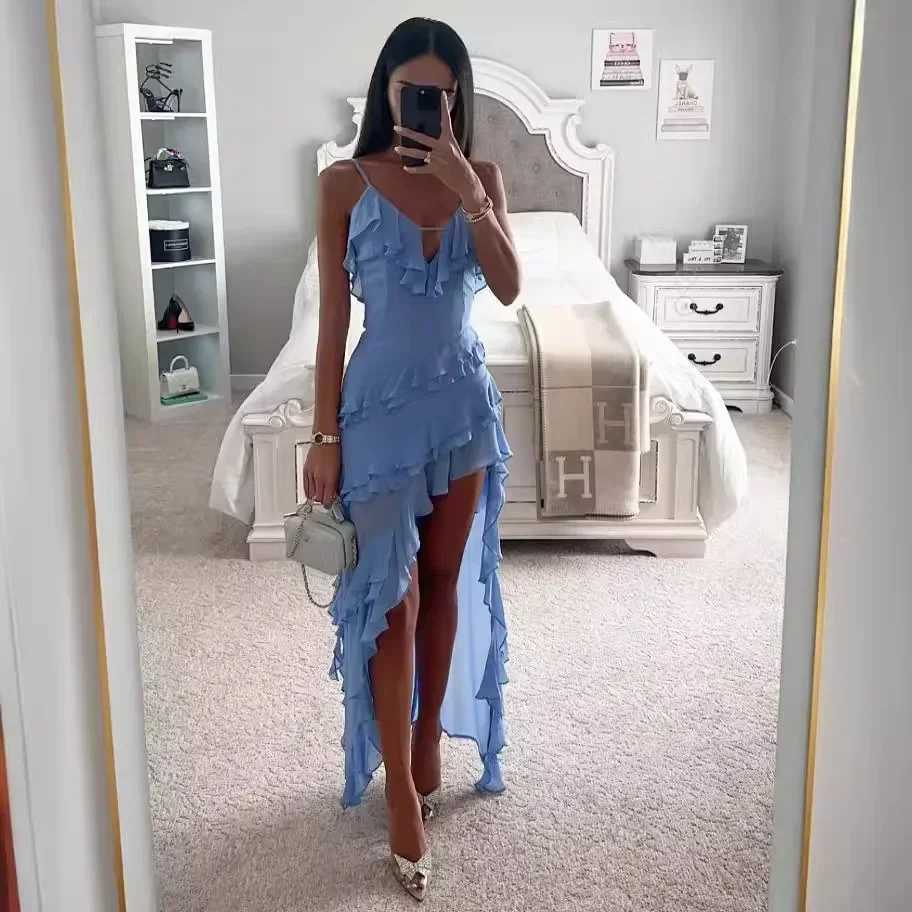 2025 Summer Women Long Dress Blue Solid V-neck Backless Irregular Sexy Slip Dresses Female Fashion Holiday Beach Clothes LadiesXJ250514