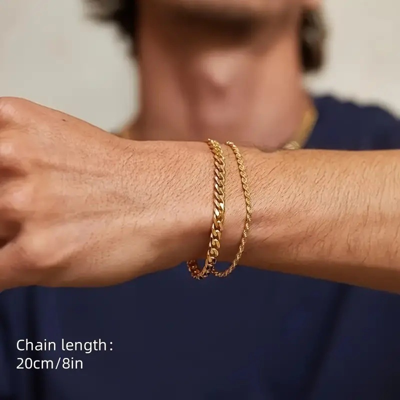 Jewelry Fashion Men's Fried Dough Twists Simple Cuban Chain Two Piece Set Bracelet