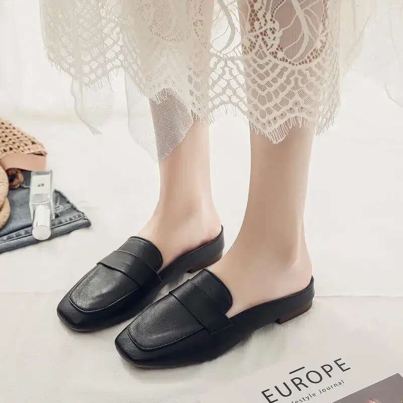 Baotou Half Slippers New Fashion Leather Slip-on Lazy Soft Sole Flat atos Mujer Women Shoes