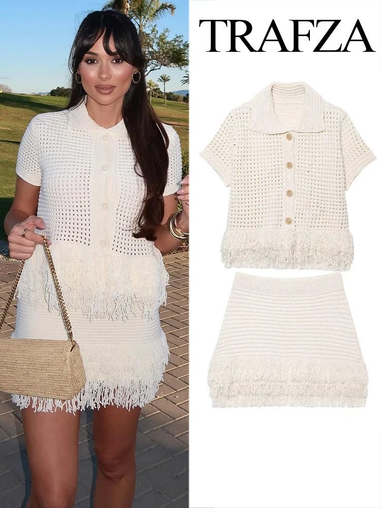 TRAFZA Women Mini Skirts Set Short Sleeve Lapel SingleBreasted Fringe Decorate TopsHigh Waist ALine Skirt Female Knitted Suit 250514