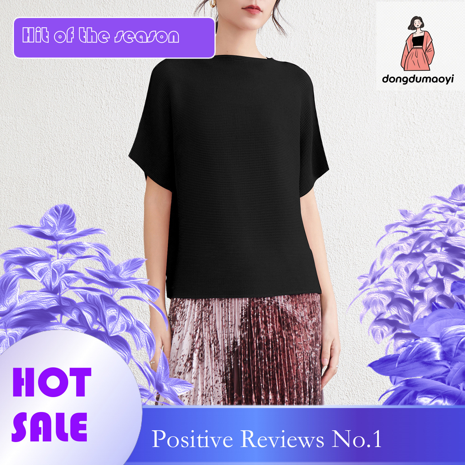dongdumaoyi Miyake design sense loose short sleeved round neck pleated T-shirt solid color plus size western-style meat blocking top for women