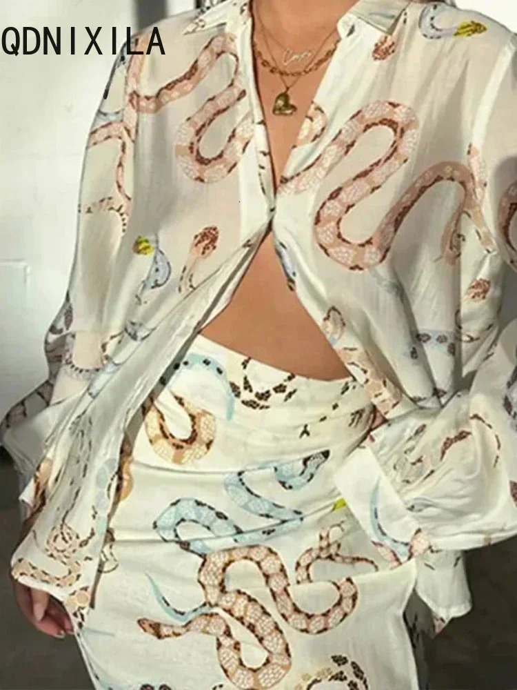 Summer Spring Women Skirts Sets Animal Printed Elegant Oversized Long Sleeve Shirts High Waist Two Piece 250514