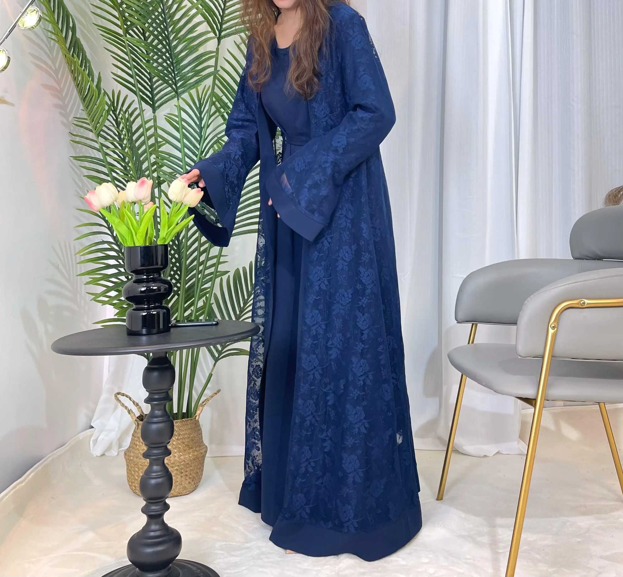 Lace two-piece outfit lace abaya inner dress and cardigan nida abaya muslim dres X250514