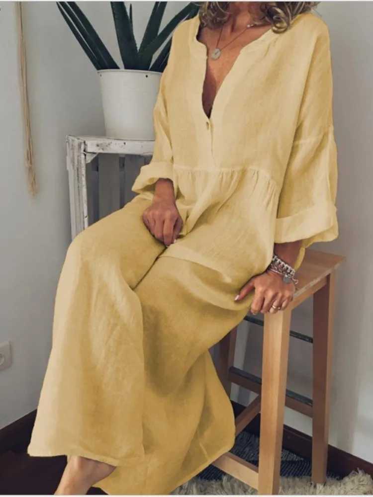 Long Loose Cotton Linen Dress For Women 2024 Summer Casual Buttons Long Sleeve Shirt Dress Vacation Female Clothing DressesXJ250514